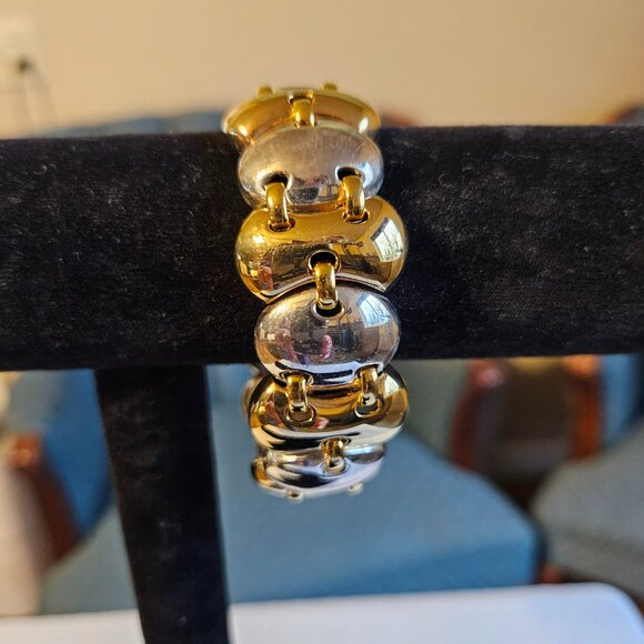 Monet Wide Link Two-Tone Gold Silver Bracelet Vintage 7 1/2"-Item #712 - Picture 3 of 5